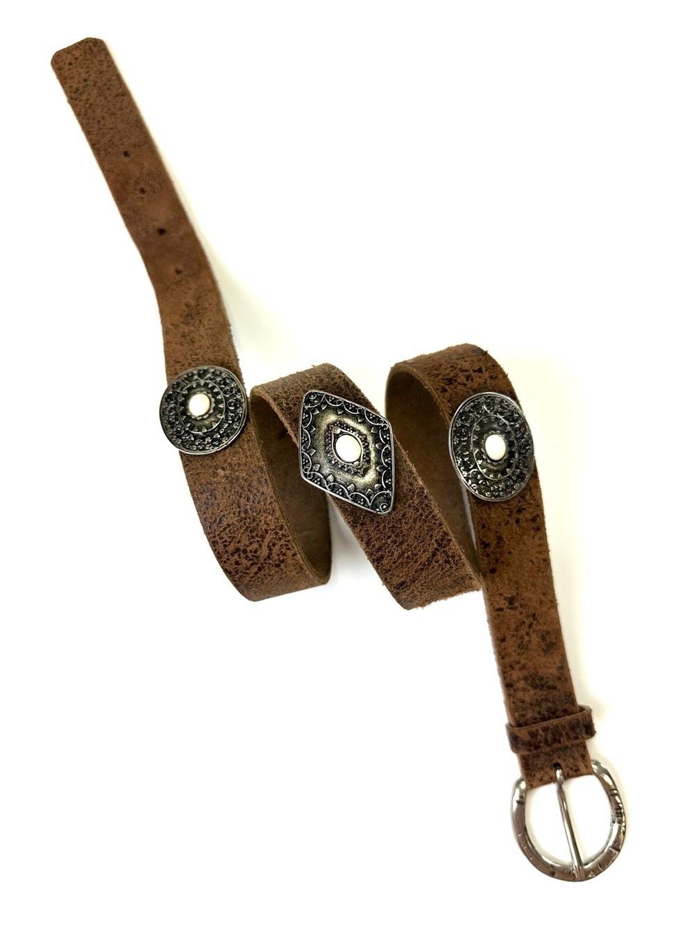 Italian Genuine Leather Belt Distressed Brown Concho Studded Medium Women Casual